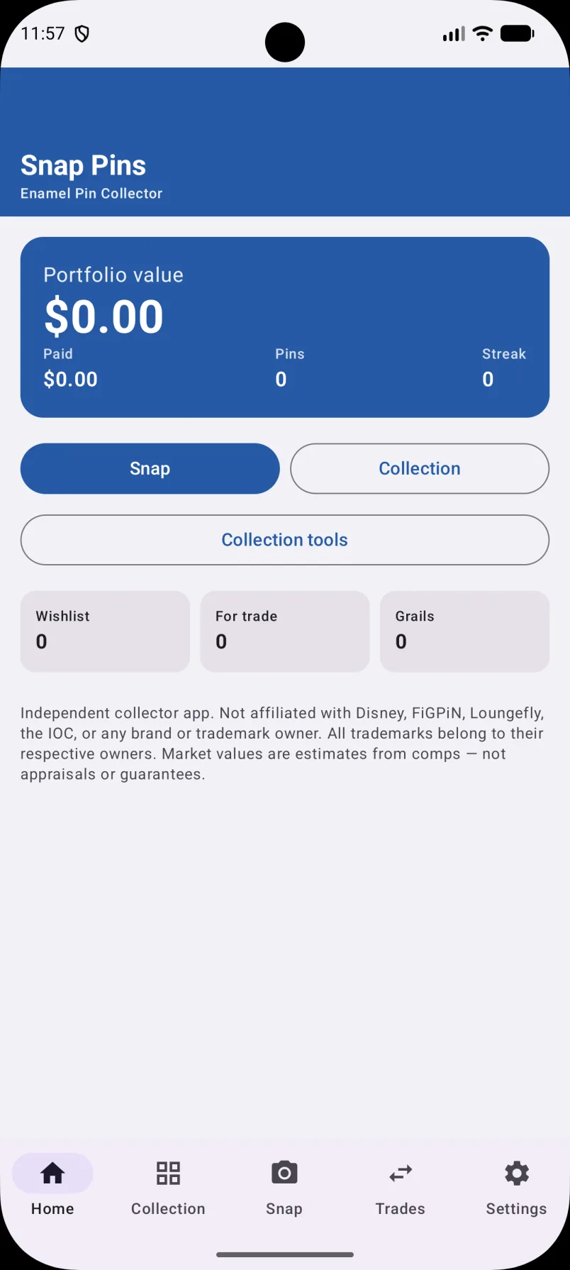 Snap Pins home: collection value, Snap, Collection, wishlist, for trade, and grails.