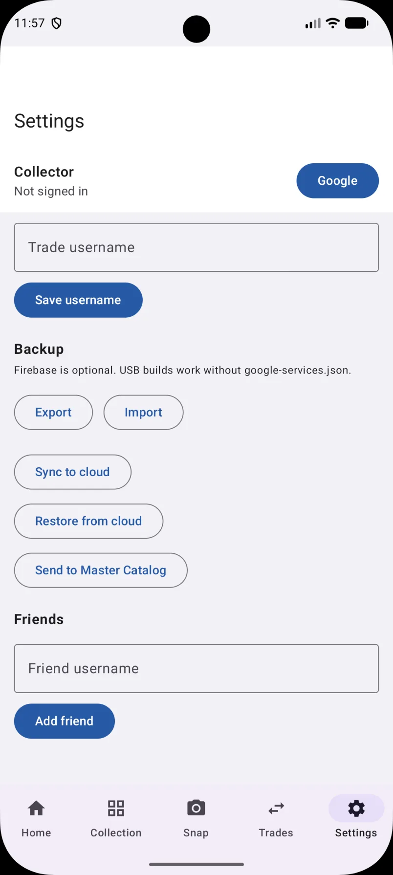 Settings: Google sign-in, trade username, backup export and import, cloud sync, and add friend.
