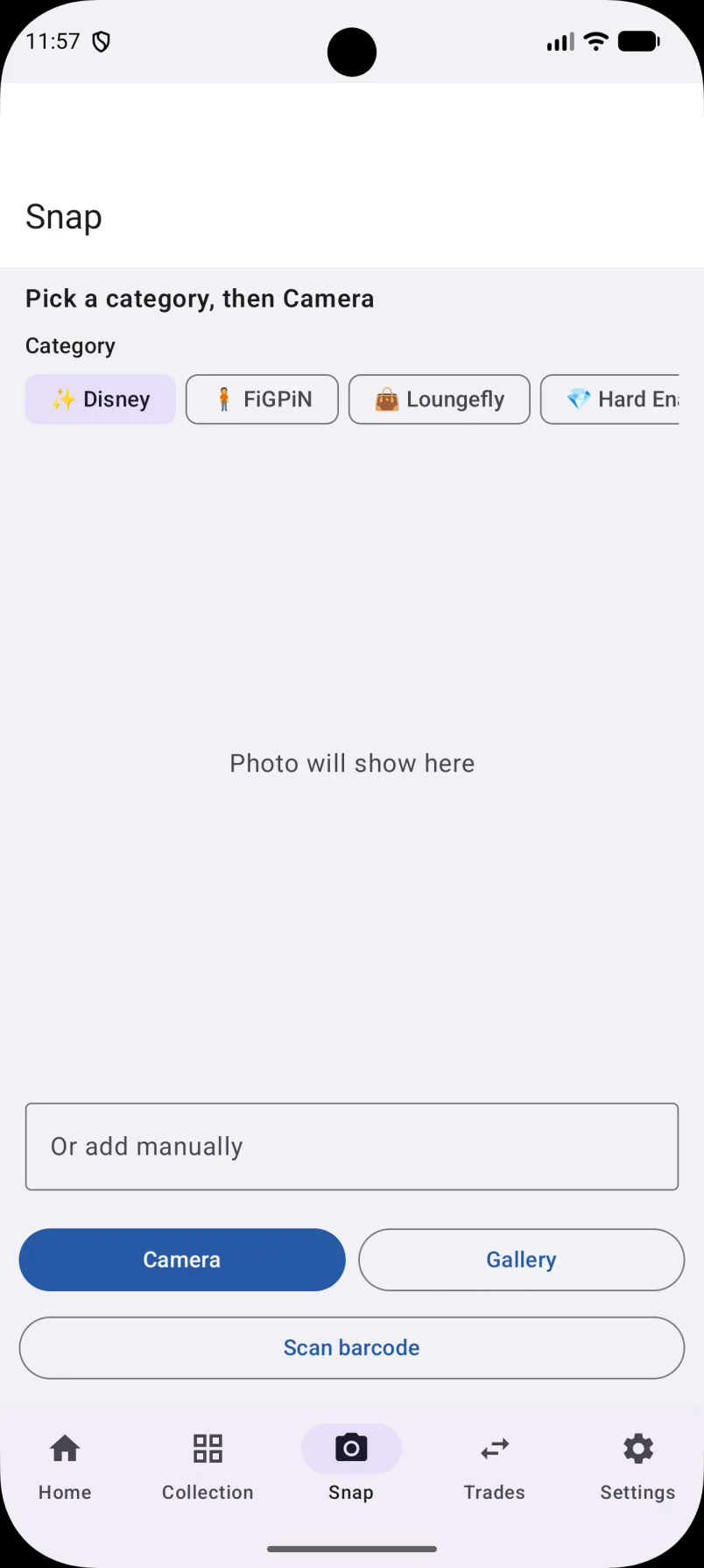 Snap screen: pick a pin category such as Disney, FiGPiN, or Loungefly, then open Camera or Gallery.