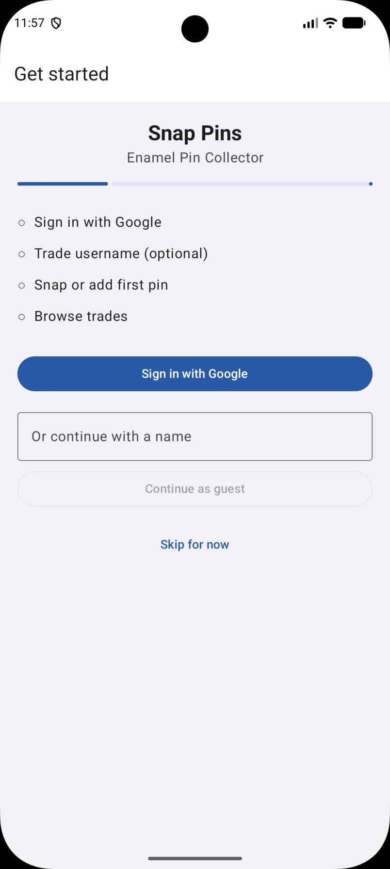 Get started: Sign in with Google, set a trade username, snap or add a first pin, browse trades.